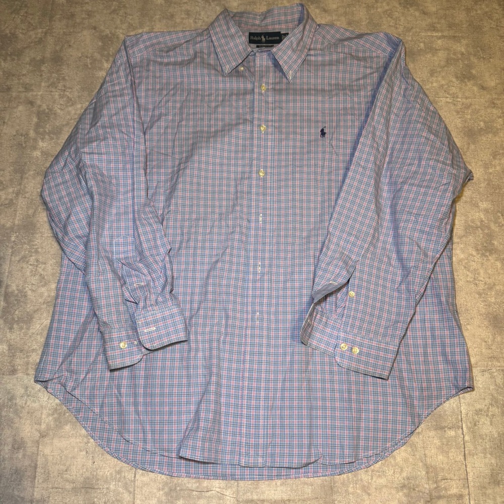 Ralph Lauren Classic Fit Plaid Button Down Shirt Blue Pink 18 34/35 Mens
